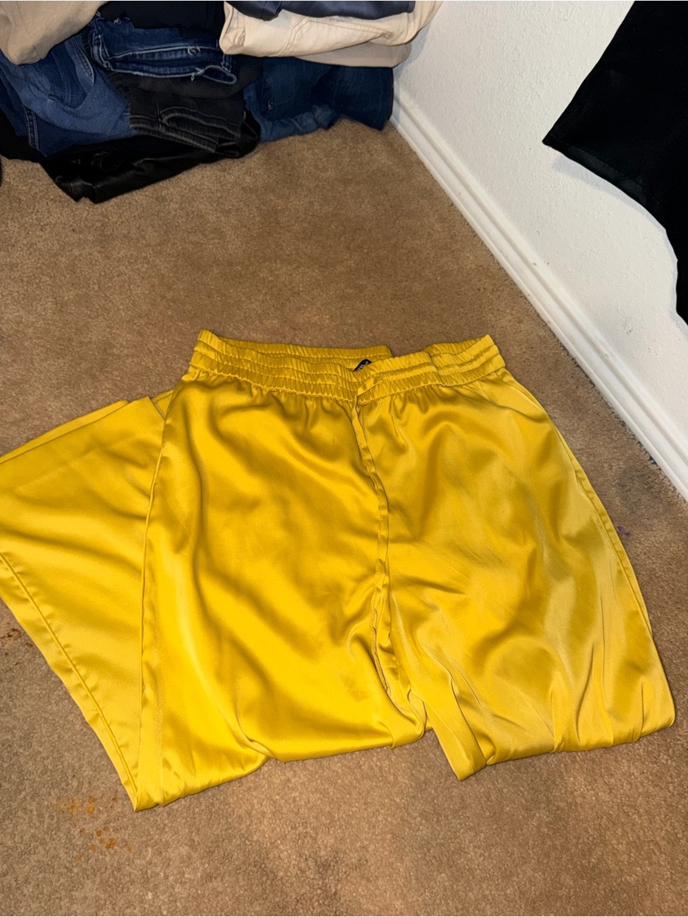 Zara Bright Yellow Wide-Leg Satin Pants & Zara leather pants